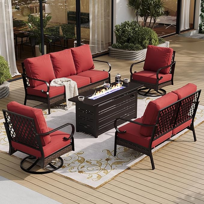 5 Piece Metal Outdoor Patio Furniture Sets with Firepit Table, Patio Conversation Sets 1 3-Seater Sofa, 1 Loveseat, 2 Swivel Chair with 5.75" Cushion for Backyard Deck, Rust Red