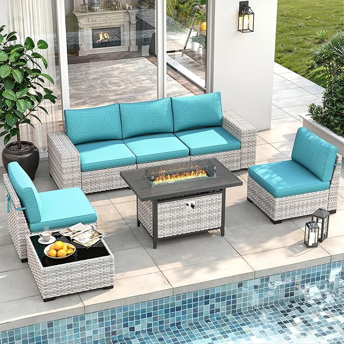 7 Piece Outdoor Wicker Rattan Sectional Sofa Set with Fire Pit Table, 5-Seats Conversation Set with 4" Thickened Cushions & Coffee Table, All-Weather PE Rattan for Garden, Backyard, Porch, Turquoise