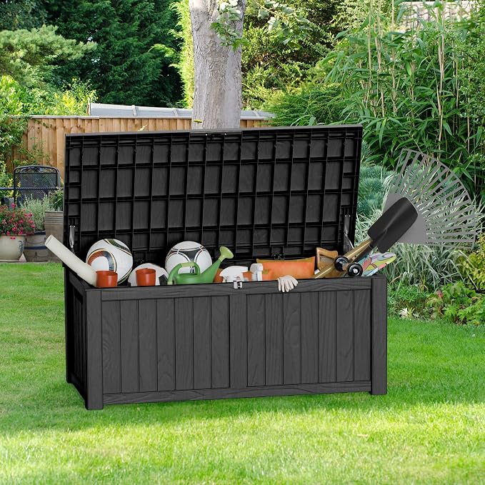 150 Gallon Outside Storage Box & Bench,Lockable&Waterproof Storage Organizer for Patio Furniture Accessories, Garden Tools, Indoor Storage for Cushion, Black