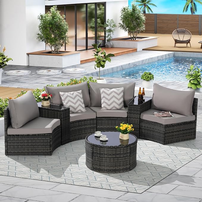 KEIKI Outdoor Patio Furniture 7-Piece Half-Moon Curved Sectional Sofa Set, All-Weather Wicker Patio Conversation Set with Round Coffee Table and 2 Storage Armrests for Poolside Backyard, Light Gray