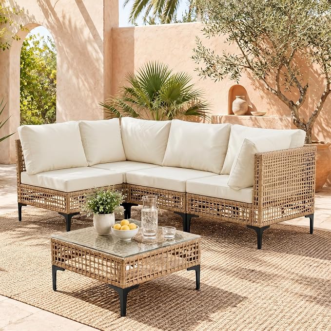 5-Piece Outdoor Wicker Patio Sectional Furniture Set, Beige | 4-Seat, PE rattan, All weather performance, Patio onversation set, for Backyard Porch Poolside Deck,