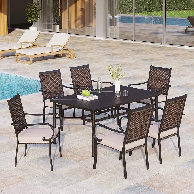 MIXPATIO Outdoor Patio Dining Table for 6, 64" x 39" Rectangular Metal Patio Dining Table with Umbrella Hole for Garden, Backyard and Porch