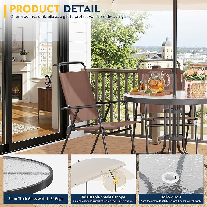 Shintenchi 6 Piece Patio Dining Set with Umbrella, Outdoor Furniture Set with 4 Folding Chairs and Tempered Glass Top Dining Table fot Lawn Backyard Garden Porch Brown and Beige