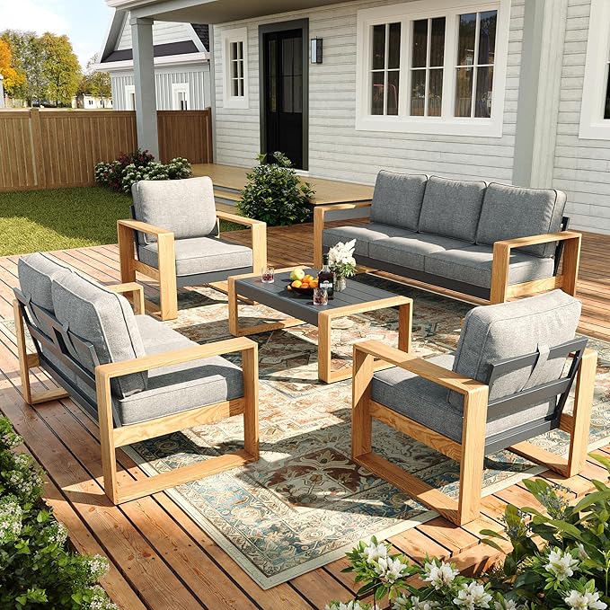Oversized Aluminum Outdoor Patio Furniture Set, 5-Piece Modern Sectional Conversation Sets with Coffee Table, Wide Seat and Thick Cushions
