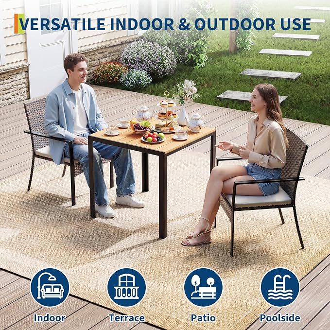 3 Piece Patio Dining Set, Wicker Outdoor Table and Chairs with Umbrella Hole ＆ Soft Cushion, Patio Furniture Set for Backyard, Garden, Poolside, Deck - Black＆White