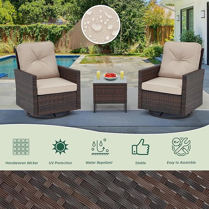 AVAWING 3 Pieces Patio Furniture Set, Wicker Swivel Rocking Chairs with Tempered Glass Side Table, Patio Conversation Set w/Waterproof Cushions for Garden, Balcony and Porch, Beige