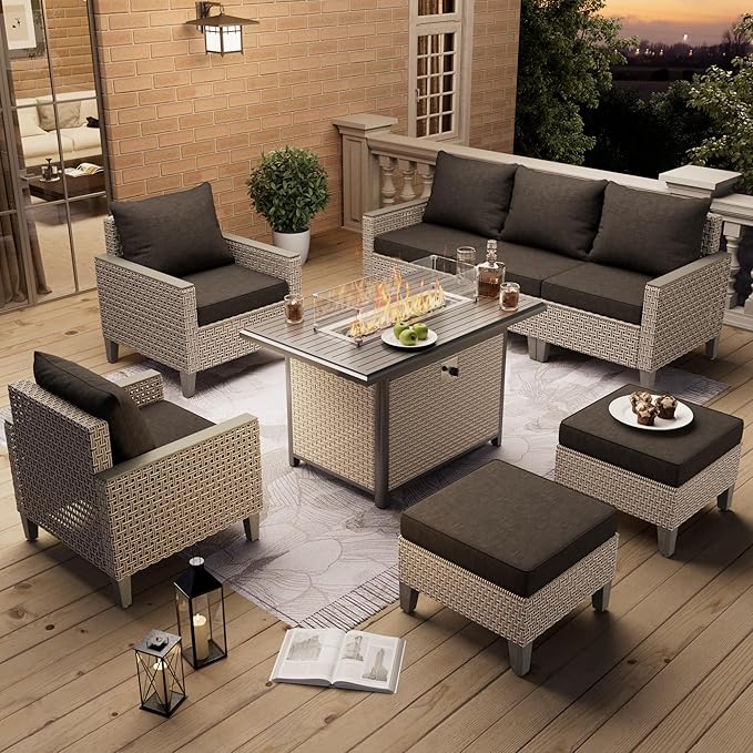 8 Pieces Patio Furniture Set with Fire Pit Table and Ottomans, Modern Outdoor Sectional Sofa with Comfy Cushions, Modular Wicker Rattan Patio Conversation Set, Black