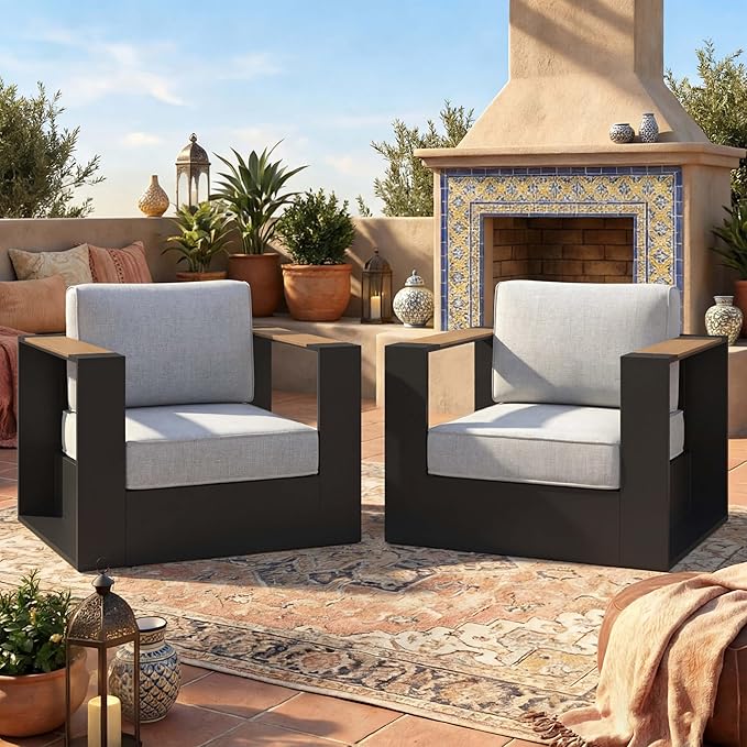 LayinSun 2 Pieces Aluminum Patio Furniture Set, Oversized Outdoor Conversation Set 2 Seats with 6" Thick Cushions for Outside Porch, Balcony, Deck