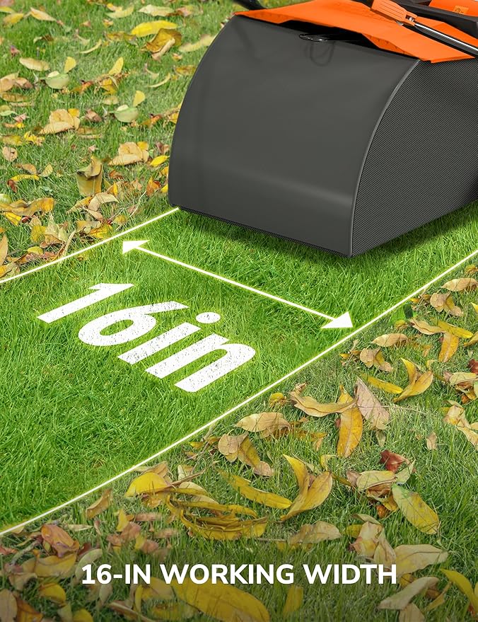 Aspiron 16” Artificial Turf Vacuum, 2000w Grass Sweeper 15 Amp Lawn Sweeper Yard Power Brush with 55L Removable Leaf Collection Bag, Quick-Fold, Keeps Clear Sweepy Box, Aurantious