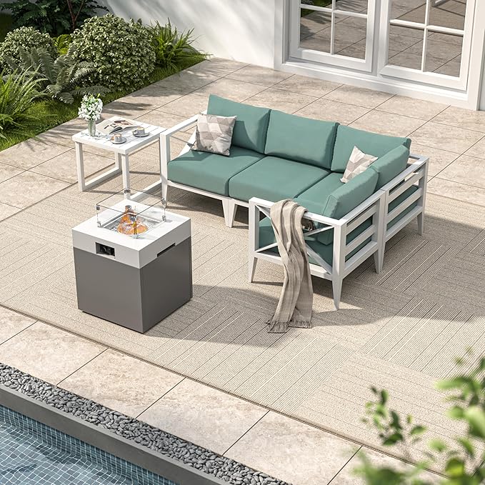 MBY 6-Piece Aluminum Patio Furniture Set with Fire Pit Table, Oversized Outdoor Sectional Sofa with Corner Seat, All-Weather Conversation Set for Deck, Garden, Backyard-White