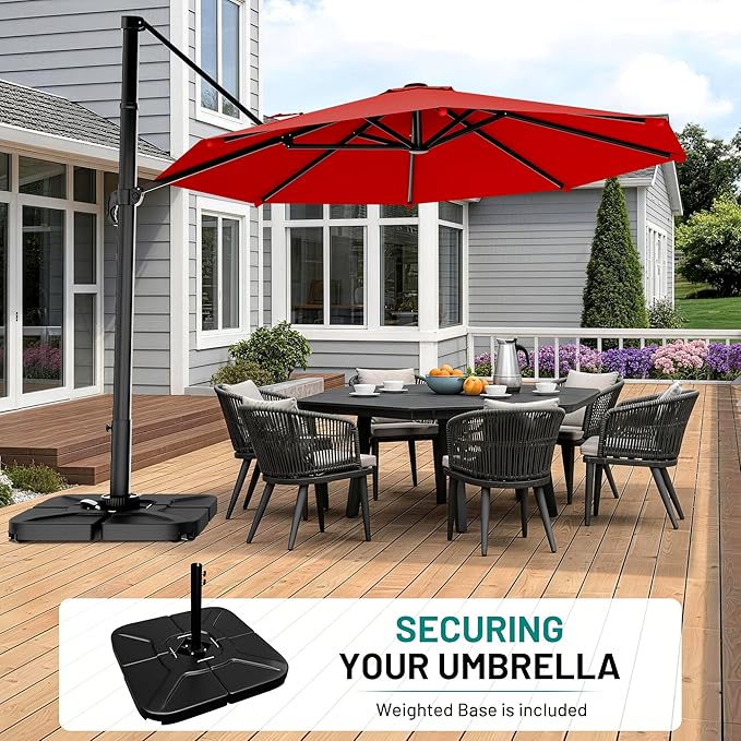AreShark 10FT Round Cantilever Patio Umbrella with Base Included, 360° Rotation Offset Outdoor Umbrella, 5 Tilt Settings Heavy Duty Hanging Parasol for Deck Garden Pool, Red