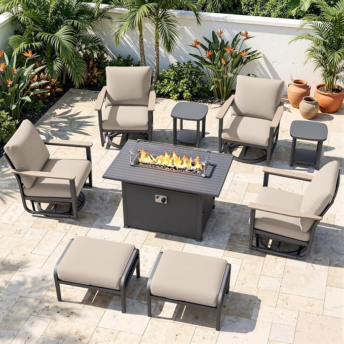 Aluminum Patio Swivel Rocking Chair Outdoor Bistro Set, 9pcs Patio Conversation Set Outdoor Patio Furniture Set with High Backrest & Thickened Cushions for Garden, Deck and Balcony, Sand