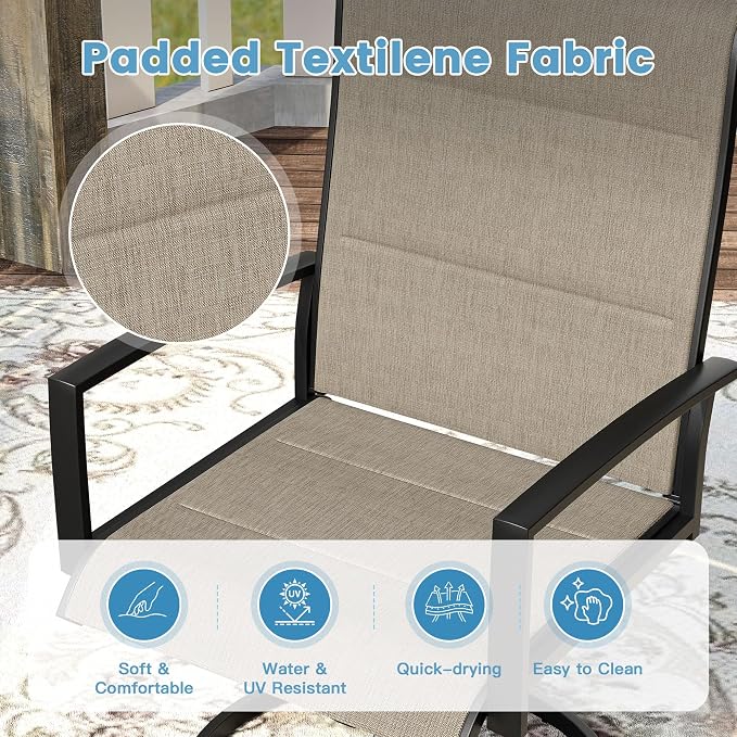 DIFY 7 Piece Outdoor Dining Set, Metal Patio Table and Chairs Set, 53.1" Black Round Dining Table & 6 Brown Padded Textilene Swivel Patio Chairs, Outdoor Furniture Set for Garden Backyard Porch