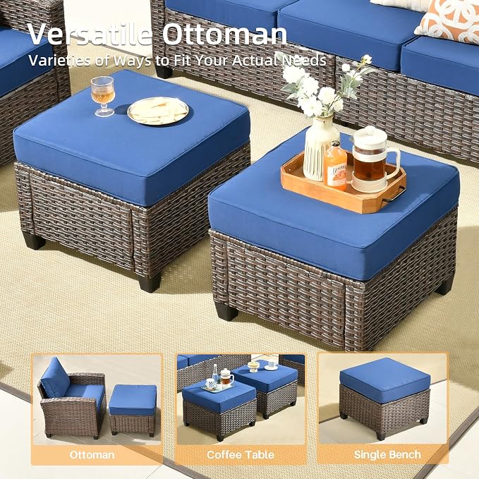 CAODOC 7 Pieces Rattan Patio Furniture Set, 4 x Single Chair, 2 x Ottoman and 3-Seat Sofa with Cushions, 9 Seats Outdoor Wicker Sectional Conversation Set for Garden, Poolside, Backyard