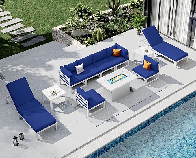 NICESOUL 11 Piece Oversized Luxury Aluminum Outdoor Sectional Sofa with Lounge, Weather Resistant Modular Patio Furniture Set, 500 lbs Heavy Duty Conversation Couch for Poolside Garden, Navy Blue