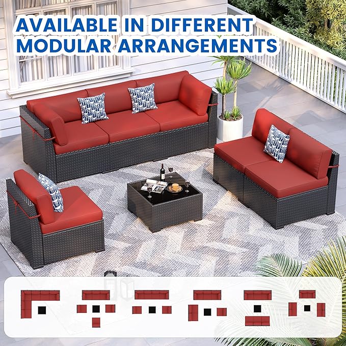 Patio Furniture Sets, 7-Piece Outdoor Patio Furniture with Thick Cushions,Coffee Table Outdoor All-Weather Conversation Set Sectional Sofa for Backyard, Poolside, Garden(Wine Red)