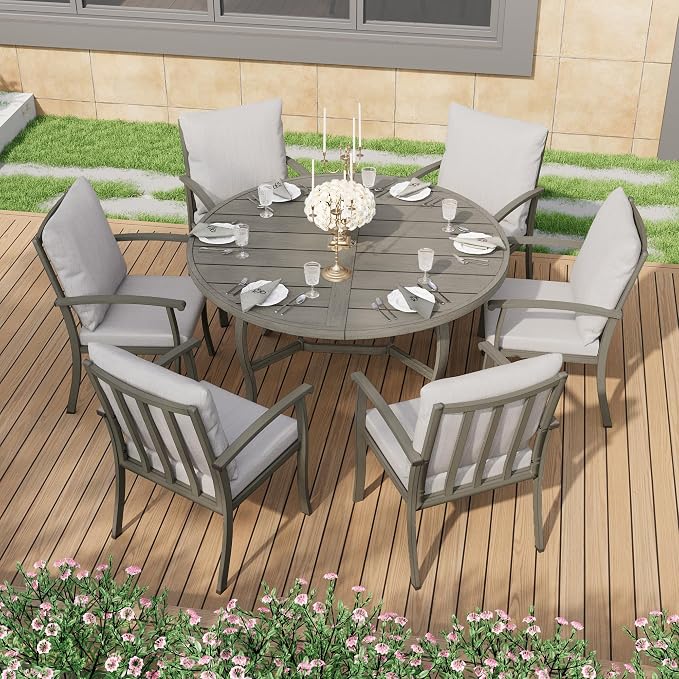 HAPPATIO Round Outdoor Dining Table, 52-inch Aluminum Patio Table with Umbrella Hole, All-Weather Aluminum Frame for Deck Lawn Garden Backyard Balcony Deck,
