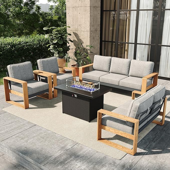 5 Pieces Aluminum Patio Furniture Set, Outdoor Conversation Sets with High Backrest Sofa and Fire Pit Table for Garden and Backyard