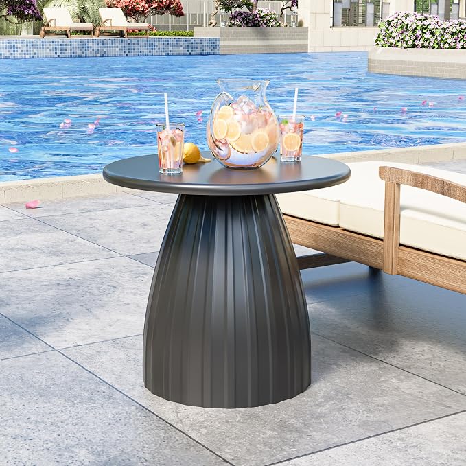 Round Metal Outdoor Patio Side Table, Steel Outdoor Accent Table, Black Small Patio End Table, for Garden, Pool, Yard, Balcony, Living Room, Deck, Weather Resistant, No Assembly