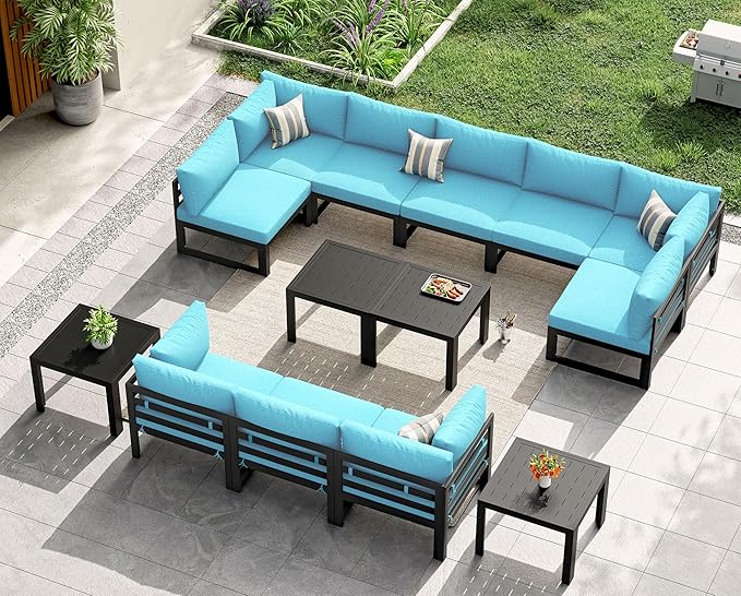 NICESOUL 14 Pcs Aluminum Patio Furniture Set for Large Groups, 500lbs Heavy Duty Outdoor Sectional Sofa with Coffee Table, L Shaped 29" Deep Wide Seating Conversation Couch for Garden Lawn, Turquoise