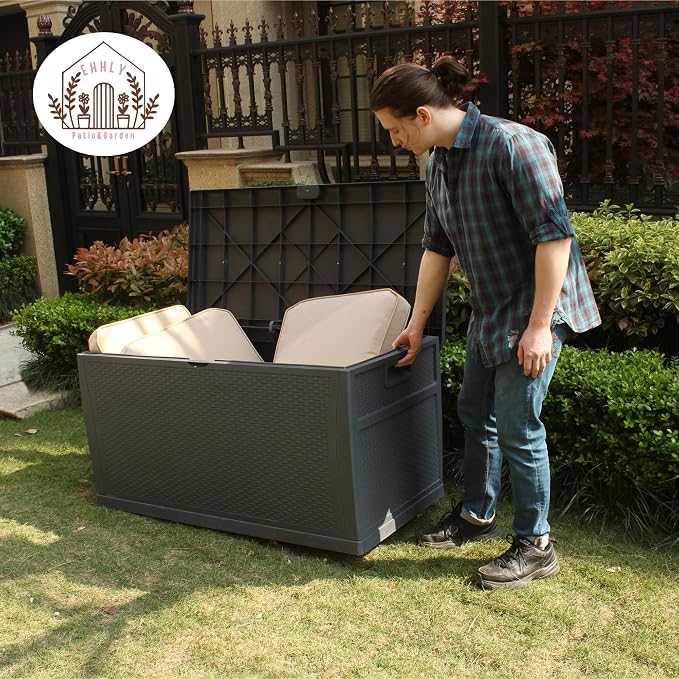 EHHLY 121 Gallon Outdoor Storage Box Large, Lockable Outside Storage Containers Waterproof Patio Cushions Deck Boxes, Rattan Plastic Garden Hose Boxes Resin Pool Storage Bins, Grey