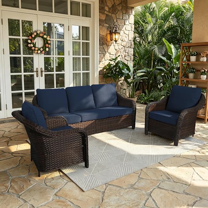 3 Piece Patio Wicker Conversation Set, All-Weather Use Outdoor Wicker Sofa with 2 PE Rattan Chair, Ideal for Porch, Backyard, Balcony, Poolside, Blue