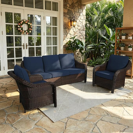 3 Piece Patio Wicker Conversation Set, All-Weather Use Outdoor Wicker Sofa with 2 PE Rattan Chair, Ideal for Porch, Backyard, Balcony, Poolside, Blue