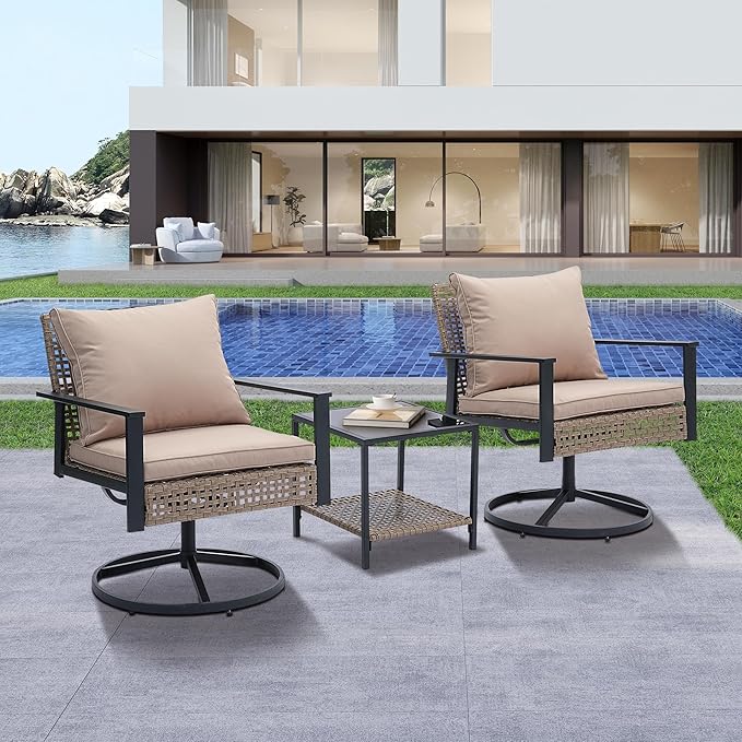 Ainfox 3 Pieces Patio Wicker Chairs Swivel Rocker, Outdoor Swivel Rocker Patio Chairs with Rattan Side Table, Patio Furniture Set for Patio Porch Pool, Khaki