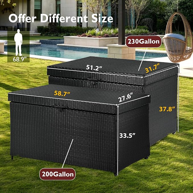 200 Gallon Wicker Deck Box with Wheels, All-Weather Outdoor Storage Box, Rattan Storage Bin for Patio Furniture, Outdoor Cushions, Pool Storage and Garden Tools - Black