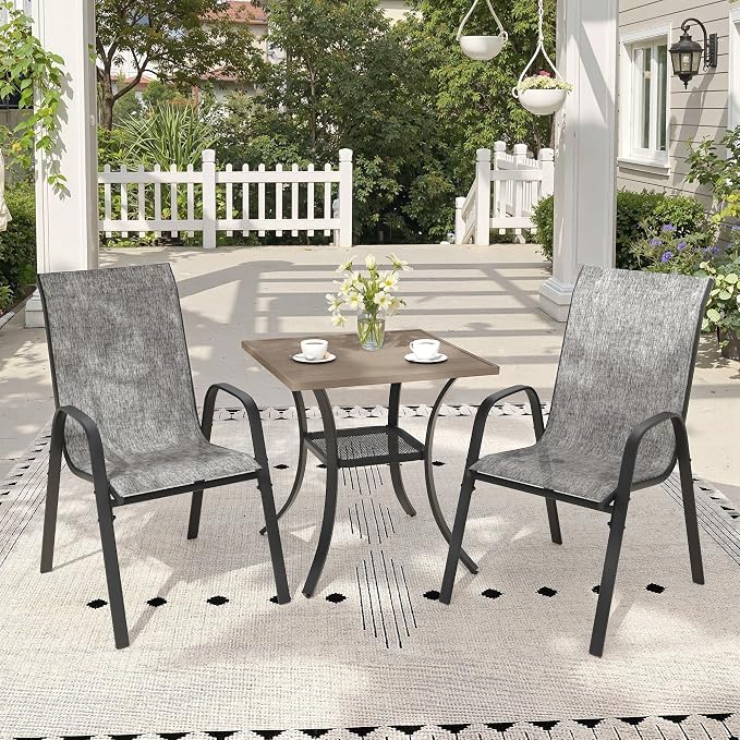 3 Pieces Outdoor Dining Set, 27.5" Square Table & Stackable Patio Dining Chairs, Patio Table and Chairs Set for Deck Garden Porch, Grey Chairs & Grey Table