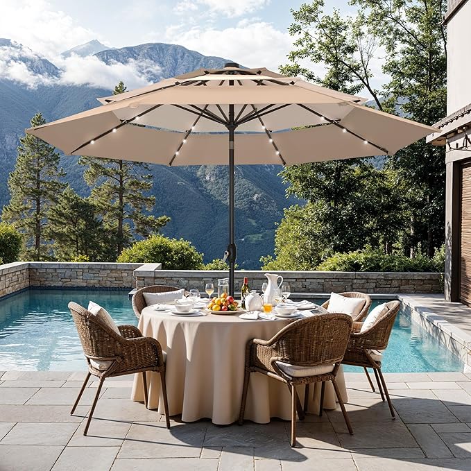 Sophia & William 10ft Patio Umbrellas 3-Tier Umbrella Outdoor Patio Umbrellas with Lights Vented Top 24 LED lights Adjustable Tilt for Pool Garden Backyard, Mixed Beige