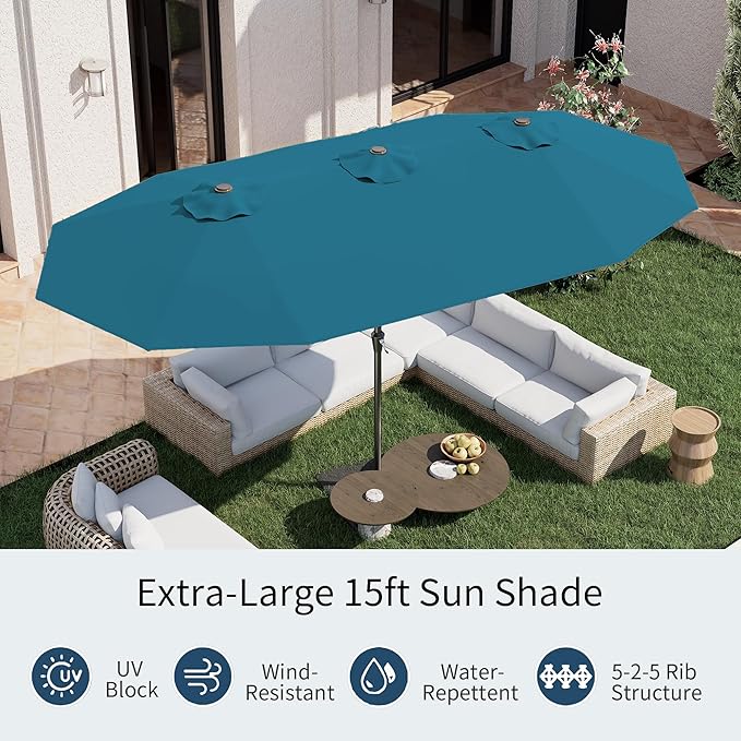 PatioKingdom 15FT Large Patio Umbrella with Base, Double Sided Rectangular Outdoor Umbrella with Sturdy Fiberglass Ribs, Market Umbrella for Pool,Garden,Backyard,Deck (Lake Blue, 15FT)