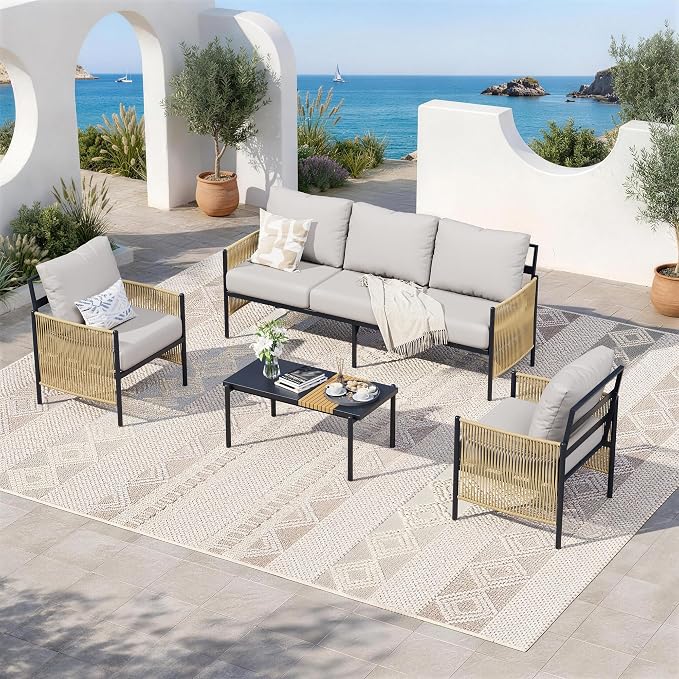 Aluminum Outdoor Patio Furniture Set, 5 Seats Outdoor Sectional with Coffee Table, Patio Conversation Sets with Washable Thick Cushions and Waterproof Cover for Backyard/Garden /Poolside, Silver Gray
