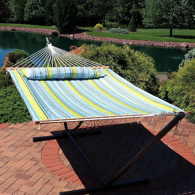 Sunnydaze Set of 2 Outdoor Quilted Fabric Hammocks - 2-Person Hammock with Spreader Bars – Red Stripe and Blue/Green Stripe