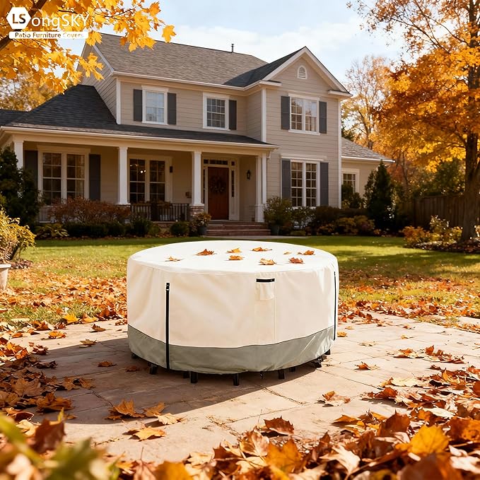 Round Patio Furniture Covers,600D Heavy Duty Waterproof Outdoor Furniture Cover for Round Dining Table with Rocking Swivel Chairs Set,84" Dia x 28" H Beige