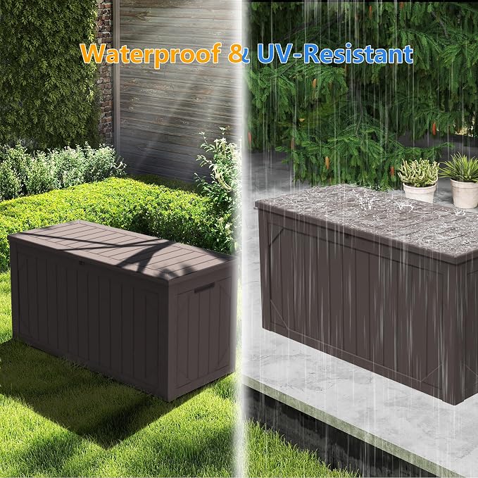Outdoor Storage Box 100GAL Waterproof Resin Deck Box,UV-Resistant Lockable Package Delivery Bin for Garden Tools,Large Patio Outside Cushions,Pool Accessories Supplies,Chest,Furniture,Brown