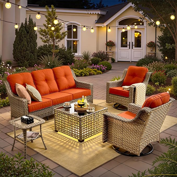 HOOOWOOO Patio Furniture Set,5 Pieces Wicker Outdoor Furniture,High Back Conversation Set with All Weather Resistant Solar Light Table Couch Swivel Chairs,Red
