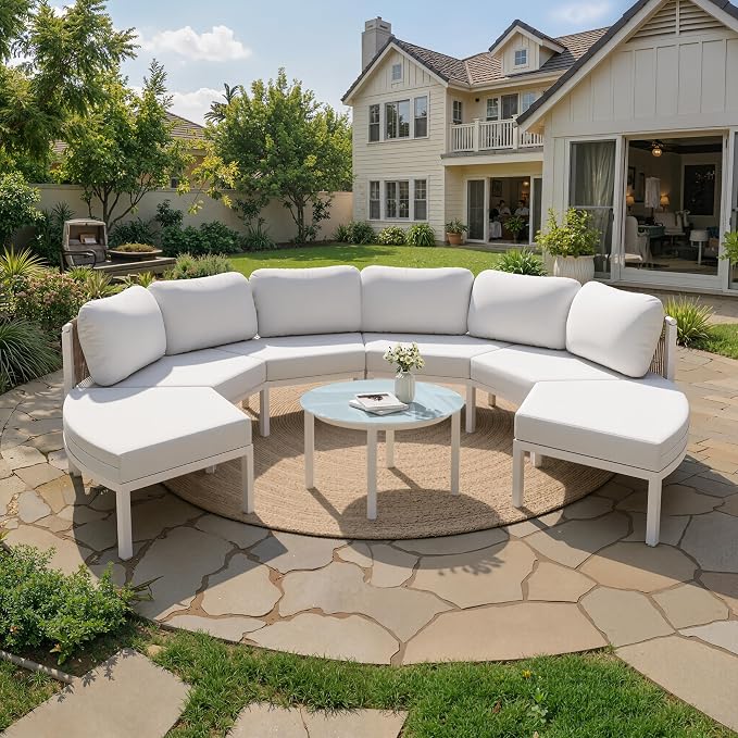 Crestlive Curved Patio Furniture Set, Modular Half Moon 6-Seater Sofa with Round Coffee Table, Aluminum Outdoor Sectional with 4.3" Cushions, All-Weather Couch for Backyard, Deck, Porch, Poolside