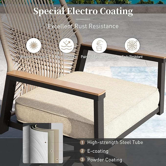 Patio Dining Set 7 Piece, 4 Woven Rattan Fixed Chairs and 2 Swivel Chairs with Waterproof Cushion, 59" Rectangular Metal Table with Umbrella Hole, Outdoor Table Set for Backyard Lawn Deck, Beige