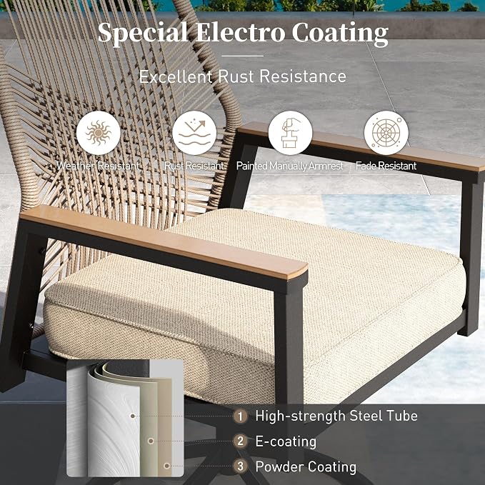 Patio Dining Set 9 Piece, 6 Woven Rattan Fixed Chairs and 2 Swivel Chairs with Waterproof Cushion, 83" Metal Rectangular Table with Umbrella Hole, Outdoor Table Set for Backyard Lawn Deck, Beige