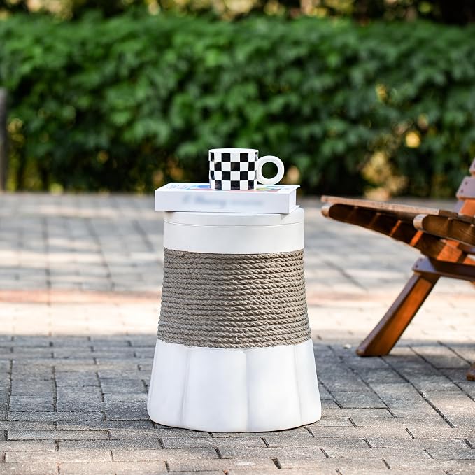Outdoor Light Gray & Brown Retro Woven Rope & Fan-Base MGO Side Table – End Table for Home, Office, Living Room & Outdoor (white-25)