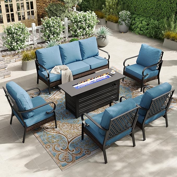 HERA'S HOUSE 6 Piece Metal Patio Furniture Set with 56" Fire Pit Table, All Weather Outdoor Conversation Set, 3 Seat Sofa, 4 Fixed Chairs with Cushions, Seats 7 for Backyard, Garden, Deck, Navy Blue