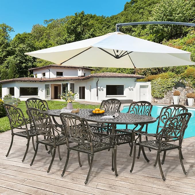 9-Piece Patio Dining Set, Outdoor Patio Table and Chair Set of 84” Oval Cast Aluminum Dining Table with Umbrella Hole and 8 Outdoor Dining Chairs, Patio Funiture Set for Lawn Garden