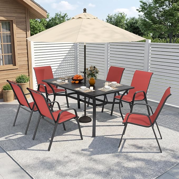 Outdoor Dining Set for 6, Patio Metal Table and Chairs Set with 1.97'' Umbrella Hole, 7pcs Patio Furniture Set 63”x37.8” Dining Table Set with Stackable Chairs for Backyard Pool Deck