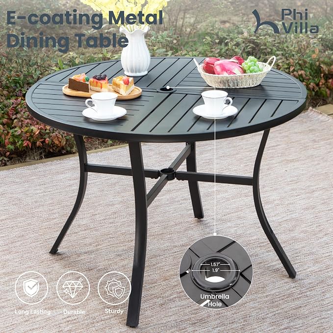 PHI VILLA 7 Pieces Patio Round Dining Set for 6, Large Wrought Iron Outdoor Dining Table with Umbrella Hole & Cushioned Wicker Rattan Chairs, Dining Furniture Set for Deck, Yard, Porch