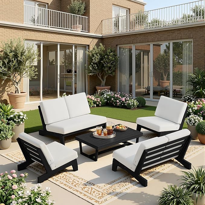 UIXE 5 Pieces All Weather Black Wood Patio Furniture Sets, 2 Patio Loveseat, 2 Patio Bistro Chair, Outdoor Sectional Sofa Furniture Backyard Conversation Set with Coffee Table - Beige