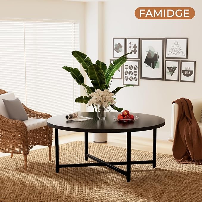 FAMIDGE Coffee Table, 31.5" Round Black Coffee Table for Living Room, Center Tables for Family & Office Use, Circle Coffee Tables Round, Large Black (31.5" D x 17.7" H)