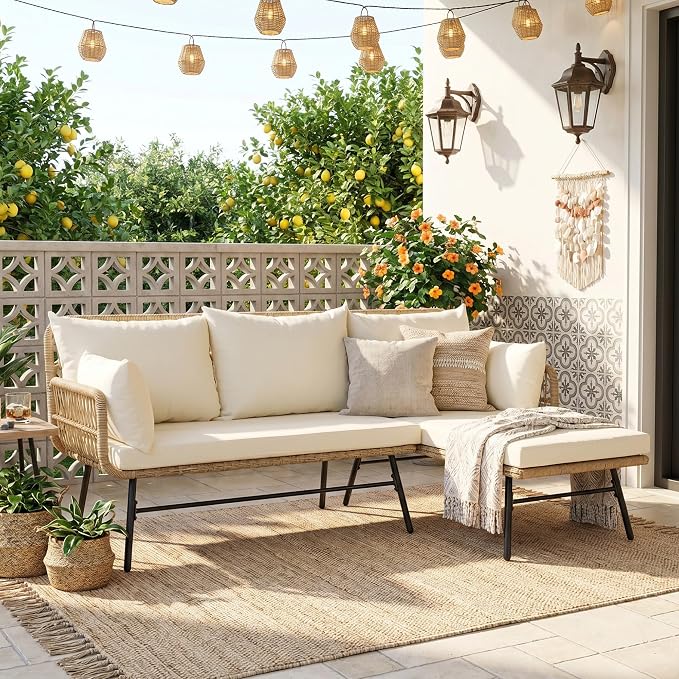 NICESOUL Boho L-Shaped Outdoor Patio Furniture Set with Comfy 3" Thickened Cushion, High Back Wicker Lounge Sectional Sofa for Porch Balcony Deck Garden, Beige