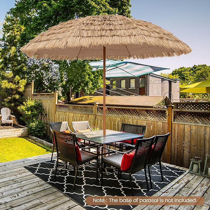 Tangkula 8Ft Tiki Patio Umbrella, UPF50+ Hawaiian Style Outdoor PE Grass Umbrella with 8 Ribs, Portable Thatched Beach Umbrella for Garden, Yard, Poolside
