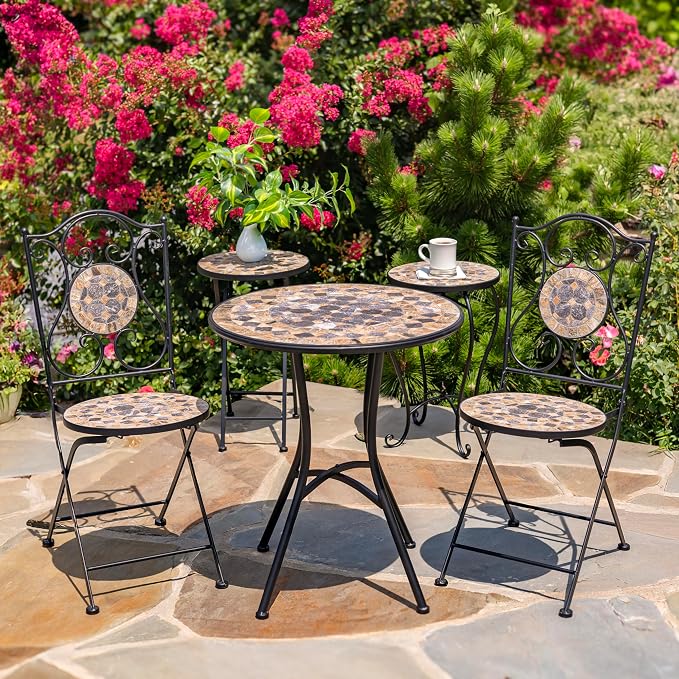 Zaer Ltd. Mosaic Tile Furniture with Black Metal Frame and Patterned Tile Tops (Medora - Black/Stone/Gray, Bistro Set (2 Chairs, 1 Table))